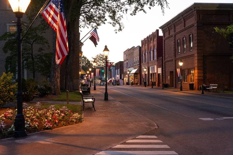 A small town's main street at dusk