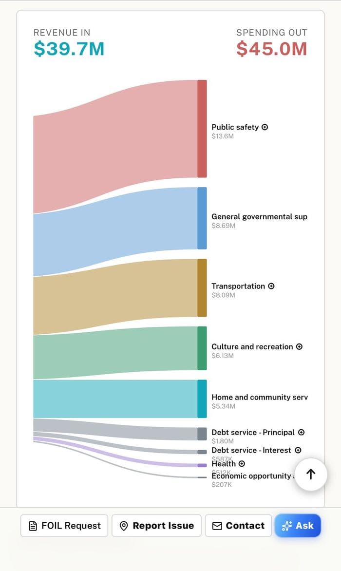 Revenue and spending flow diagram broken down by department